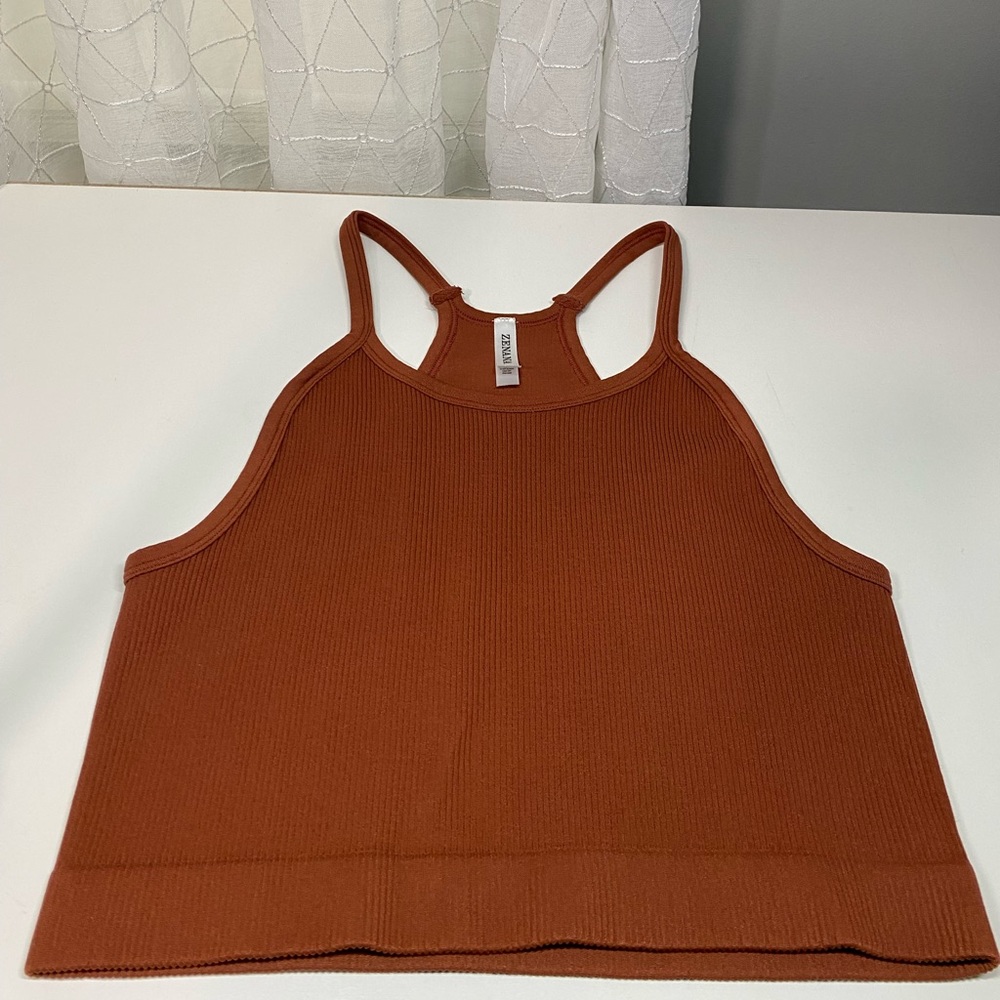 Zenana Ribbed Knit Cropped Cami Active Fitness Top. Size 1X/2X. Color DK Rust